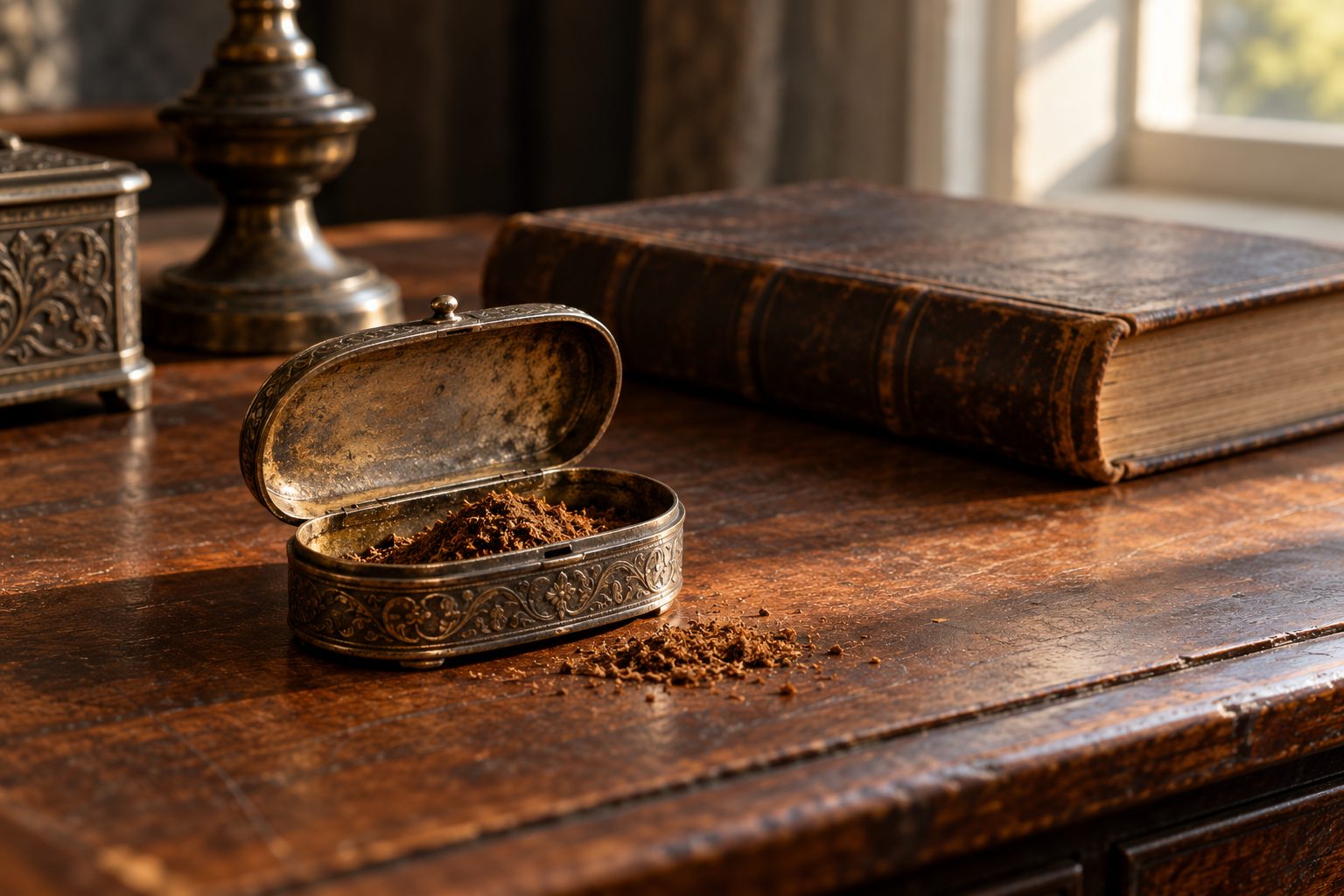 Una tabaquera antigua para ilustrar la hipótesis del rapé Una tabaquera antigua abierta con tabaco molido junto a un libro cerrado sobre un escritorio