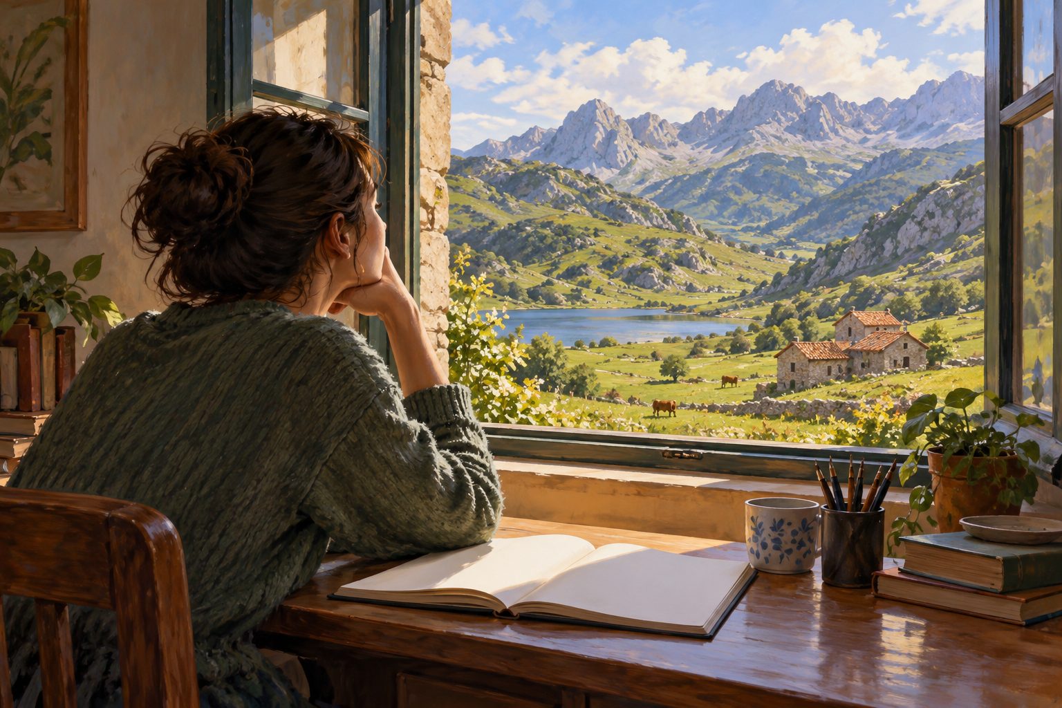La atención que se pierde en un paisaje lejano Ilustración de una persona absorta ante una ventana con vistas a un paisaje montañoso imaginado