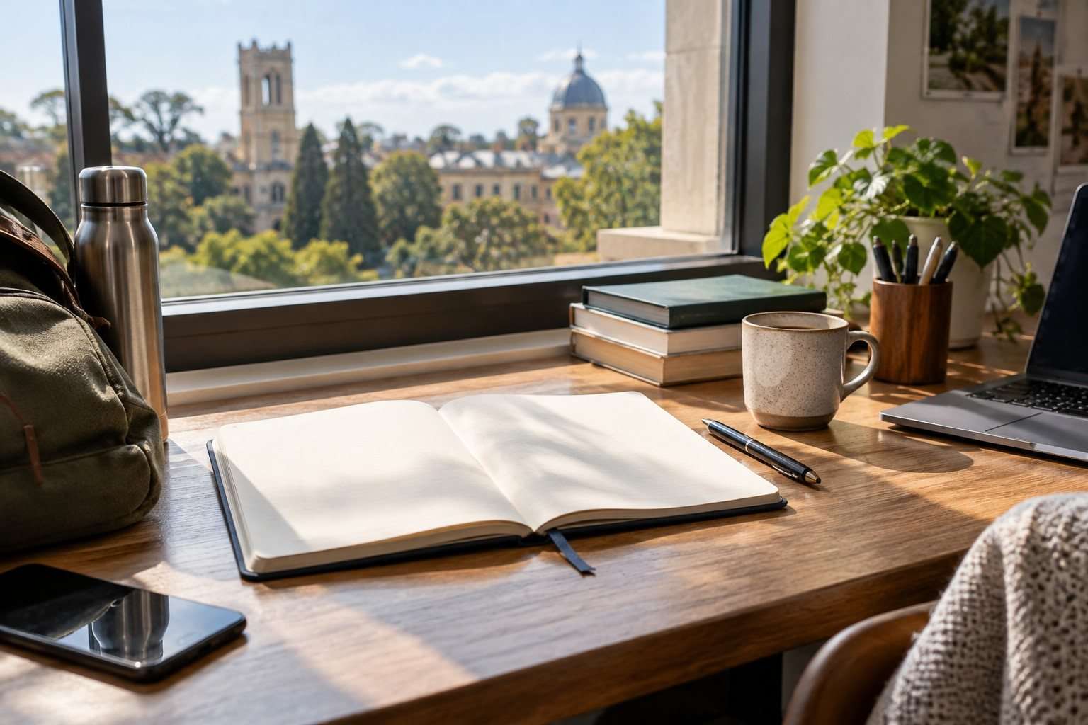 Frases para afrontar un cambio de carrera sin tratarlo como un fracaso — Imagen 1 Cuaderno abierto y materiales universitarios junto a una ventana